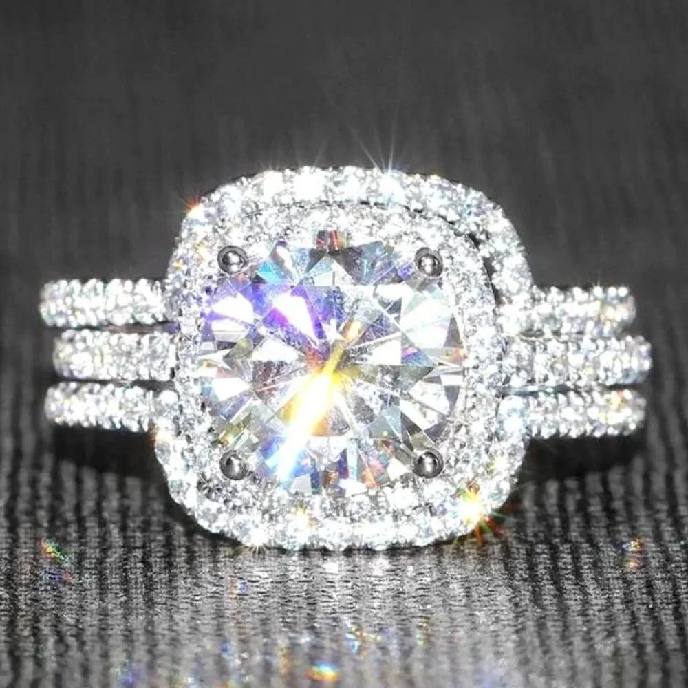 😍NEW 14K WHITE GOLD 3PCS/SET HALO BRIDAL STACK 💎DIAMOND RING SET, L121